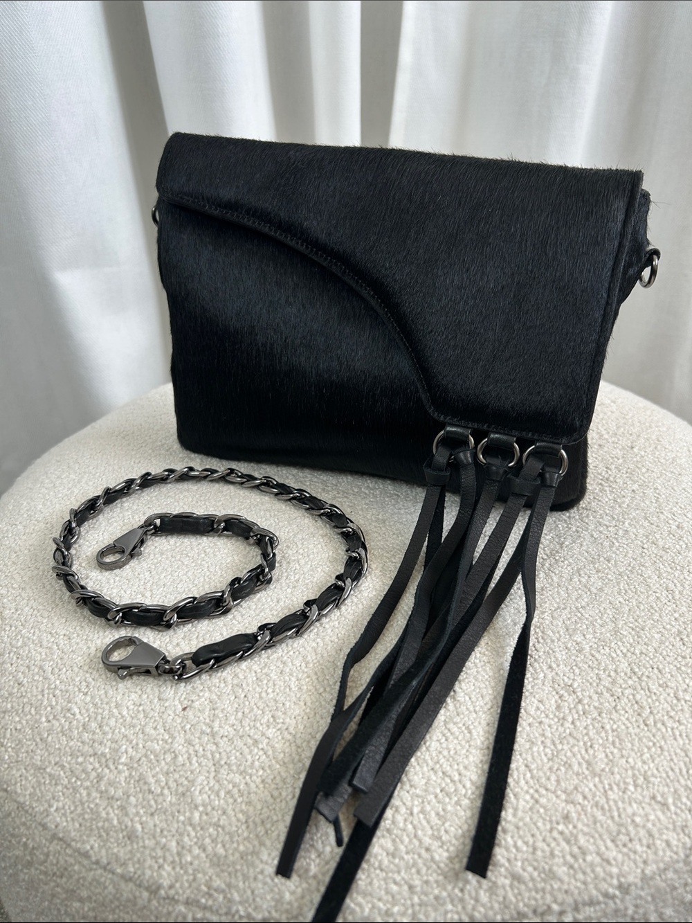 Black Pony Hair Convertible Fringe Clutch Bag